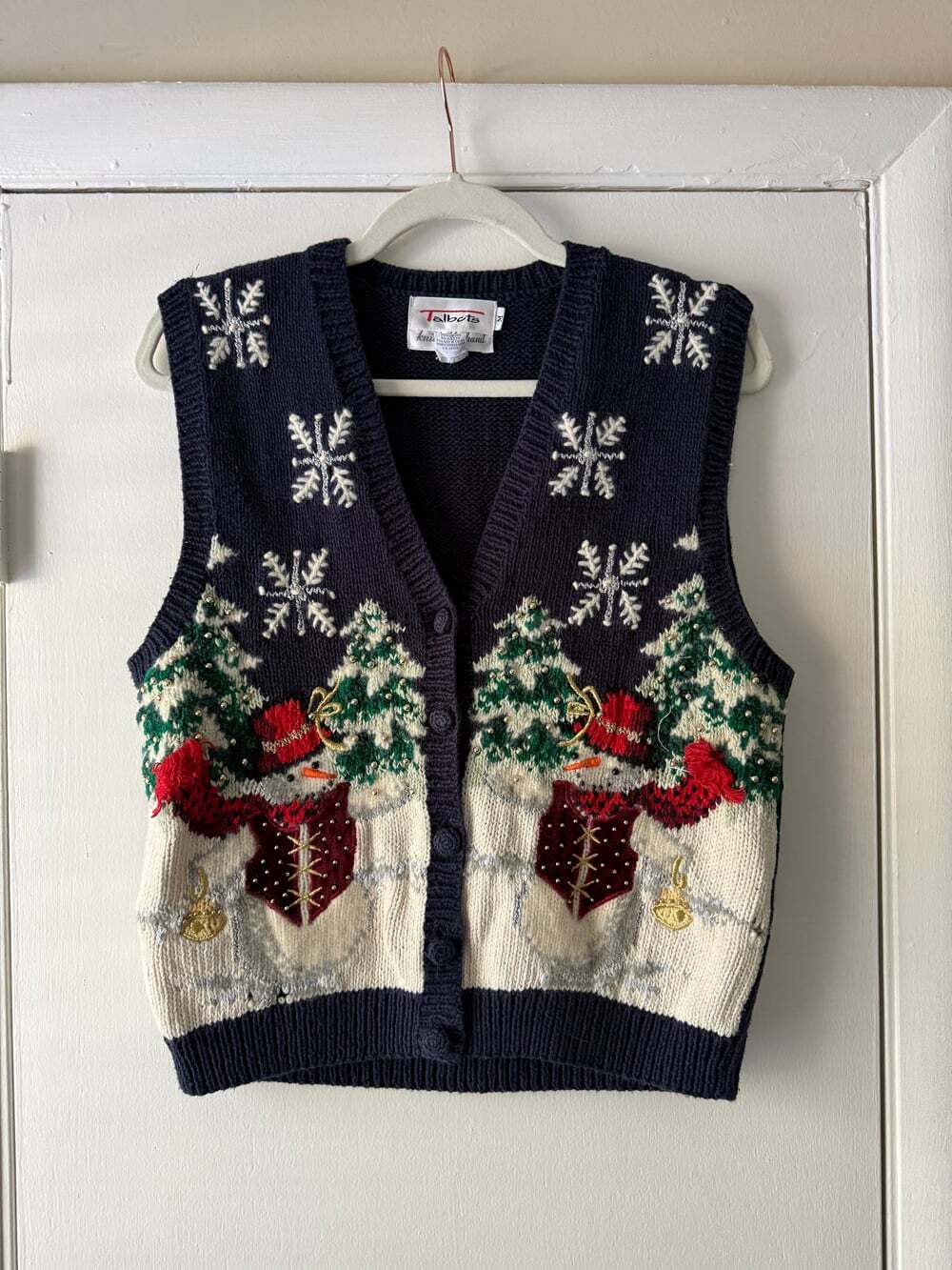 Vintage 90s Christmas Sweater Vest Navy Snowman Trees Snowflake Ugly Xmas Knit